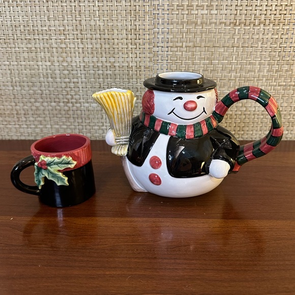🎄2007 Fitz & Floyd Christmas Snowman Cup Cocoa For One Ceramic Teapot & Teacup - Picture 3 of 13